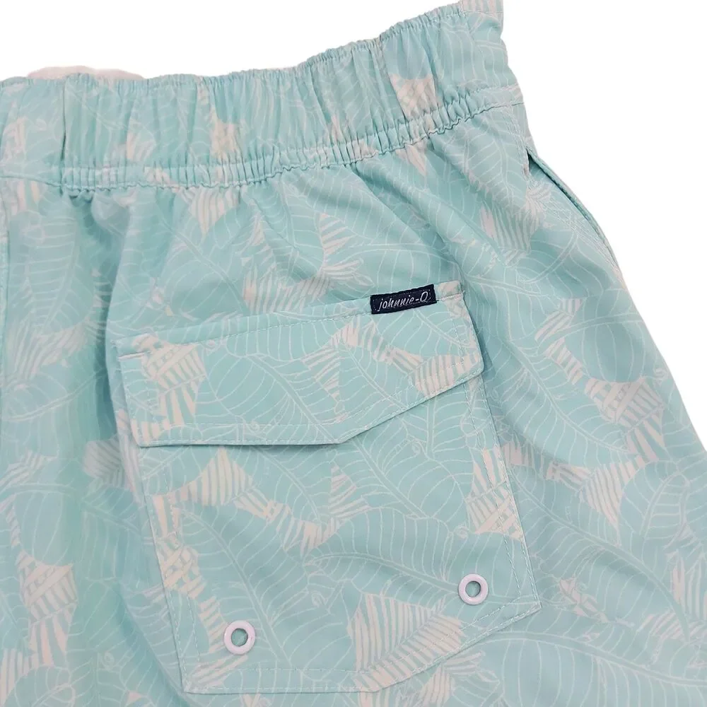 Johnnie-O Swim Shorts Mens Small Aqua Palm Leaf Mesh Lined Swim Trunks Beach